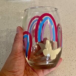 Rainbow And Butterfly Stemless Wine Glass, Vinyl Decal Decorated Glass, Handmade